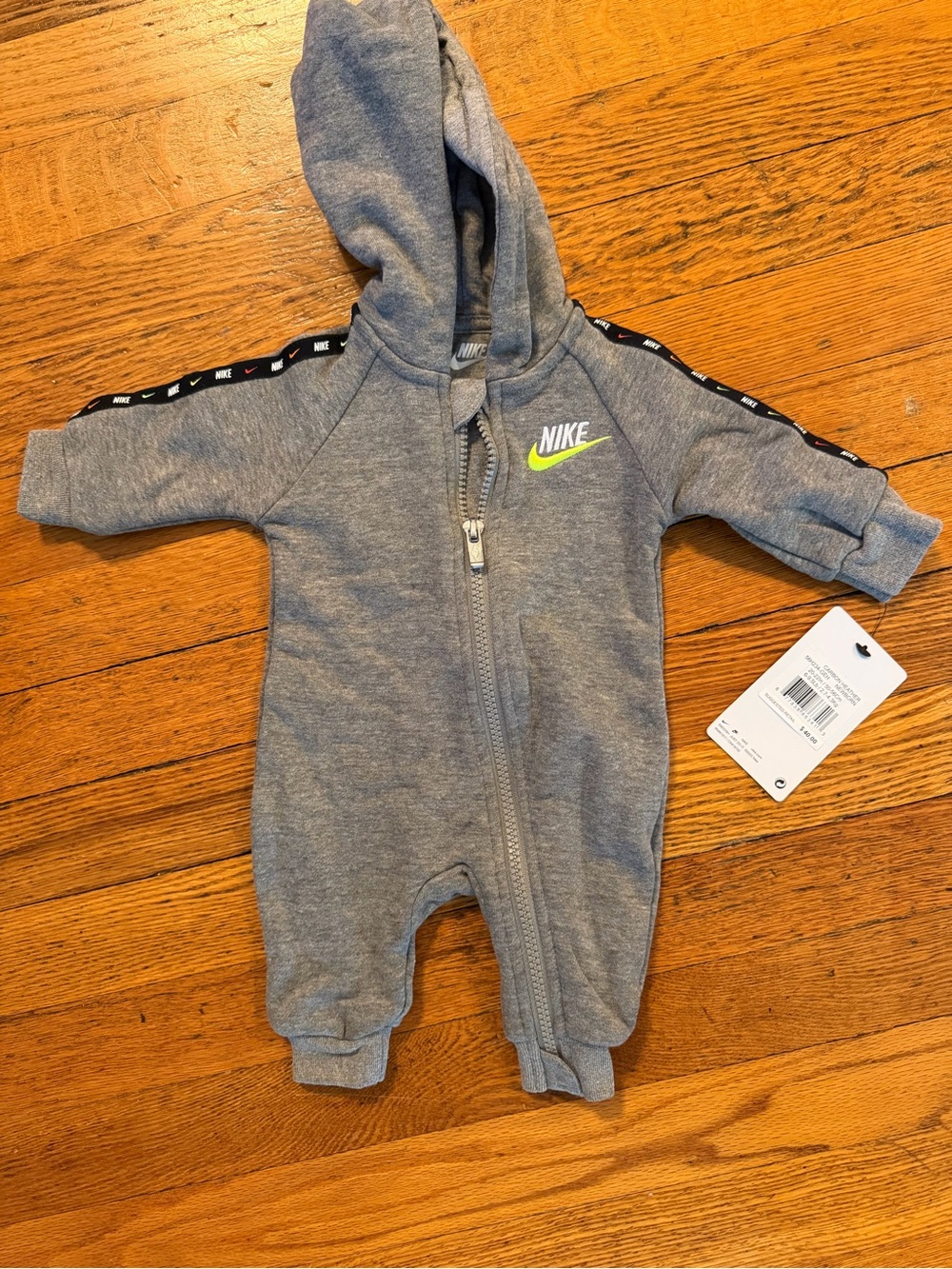 Nike Gray Hooded Baby One-Piece with Neon Swoosh